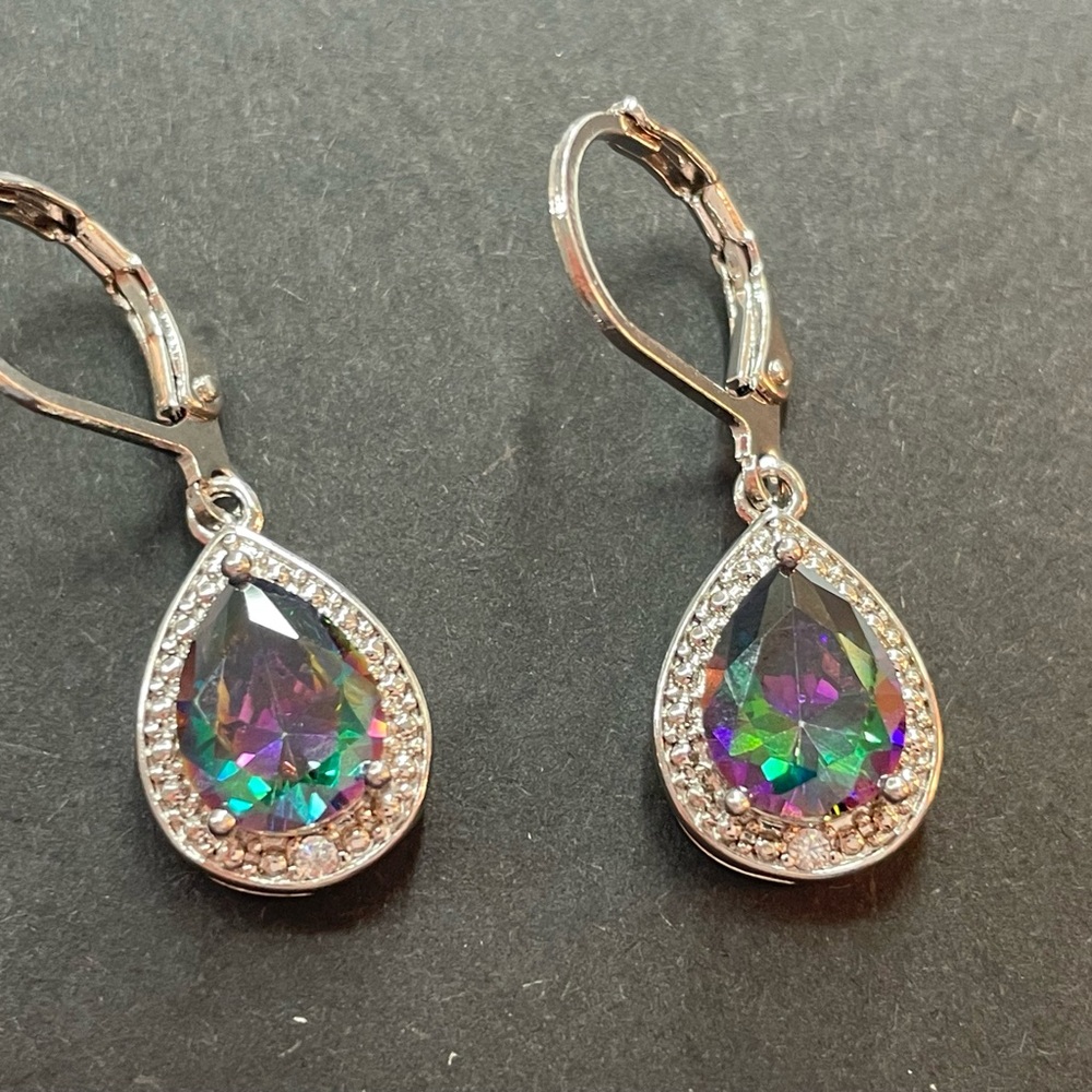 Silver Teardrop Mystic Topaz Halo Drop Earrings - Women